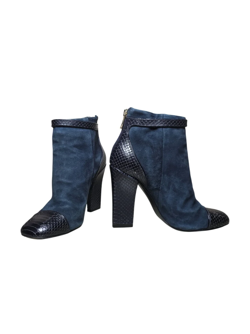 Tory Burch Navy Suede & Black Croc-Trim Ankle Booties, Size 7.
